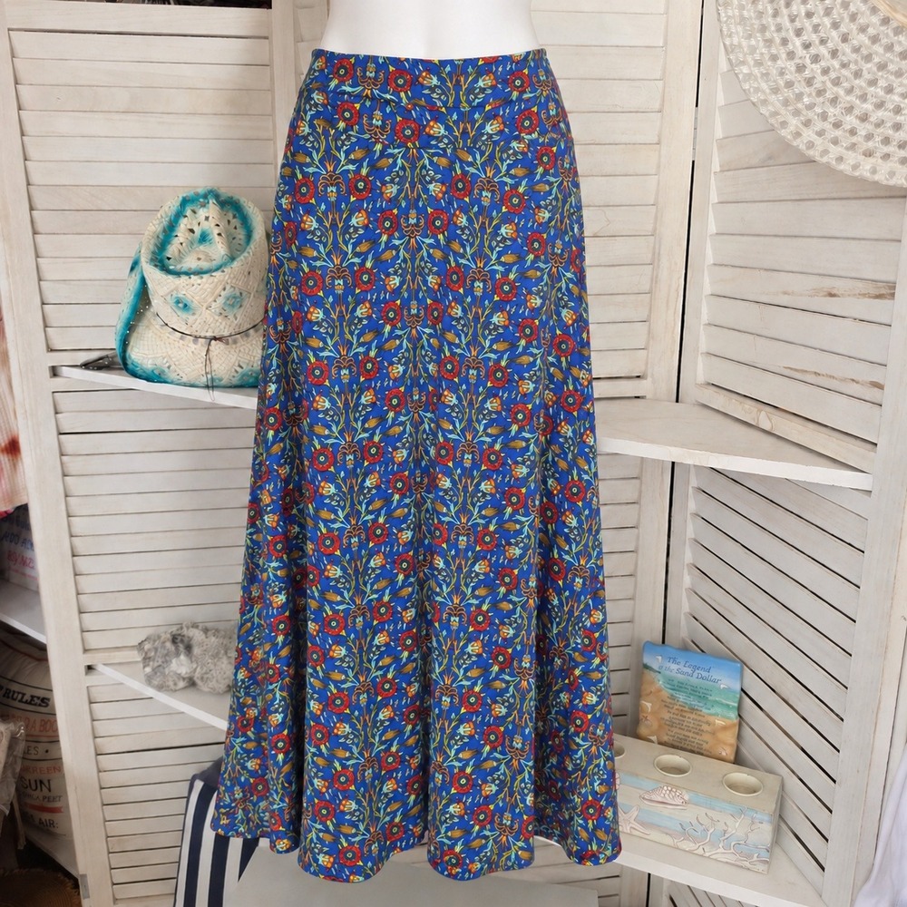 LuLaRoe XS Blue Floral Maxi Skirt Boho Stretch A-Line Long Skirt No Pockets